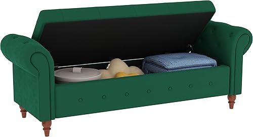 Miniatura 65 de Polibi Banco de almacenamiento para dormitorio, otomana tapizada de terciopelo con diseño de botones armados enrollados, banco largo para ventana de