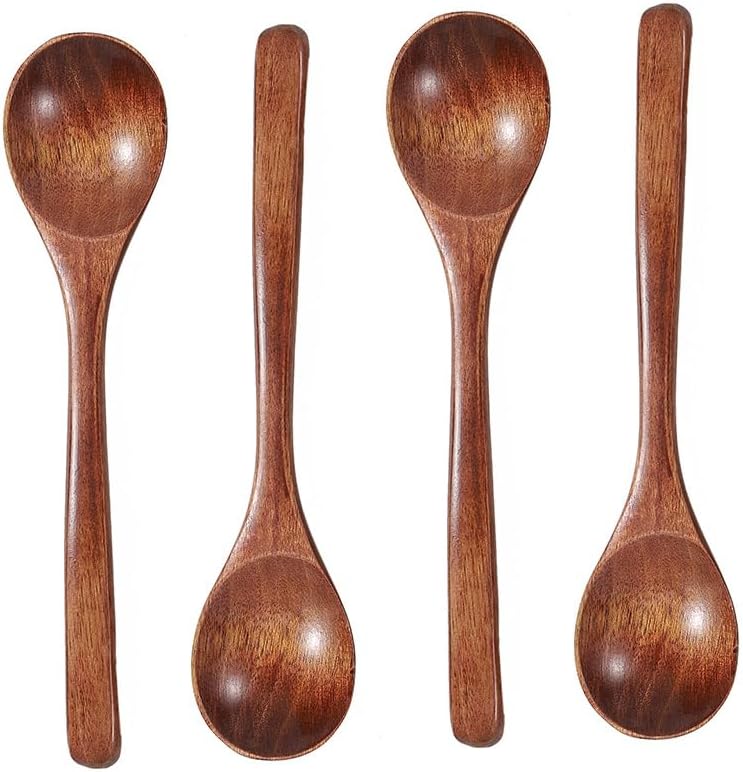 4 PCS Wooden Spoons, Round Asian Soup Spoon for Salad Desserts, Coffee, Snacks, Cereal, and Fruit