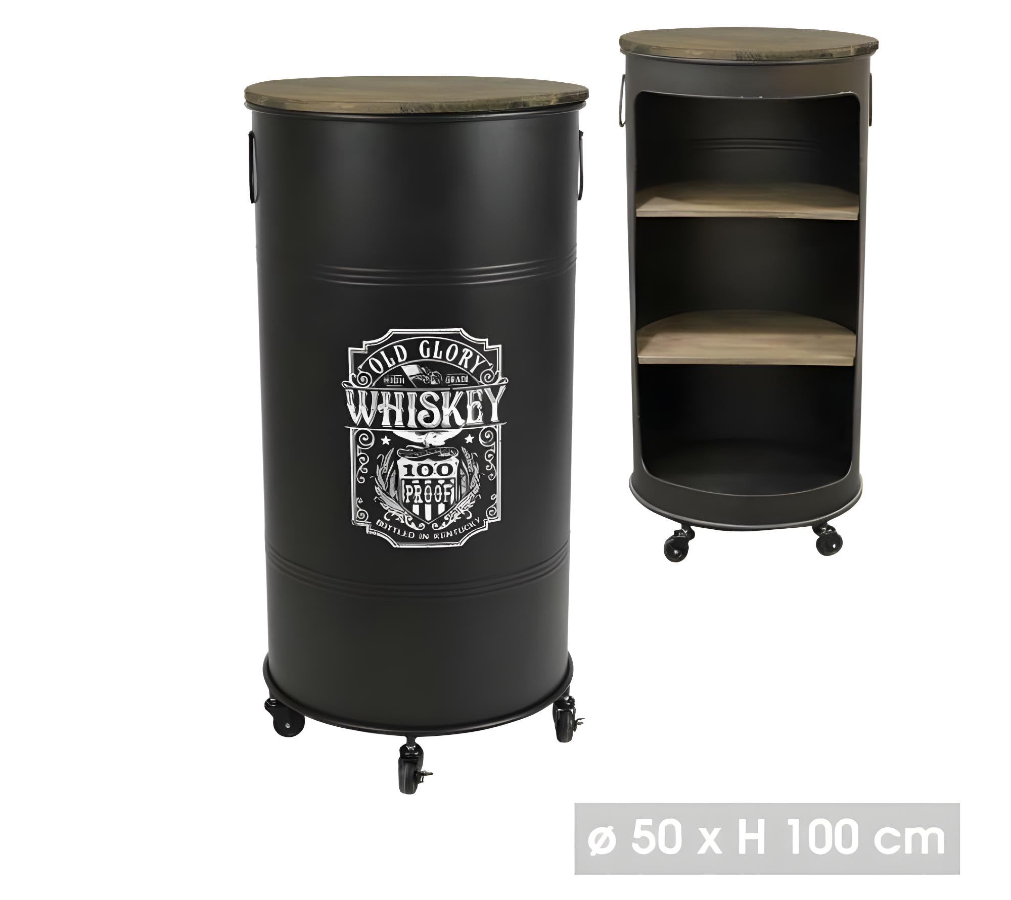 Urban Living LOFT & Metal Bar BIDON avec roulettes Design Old Glory Whiskey D50CM X H100CM