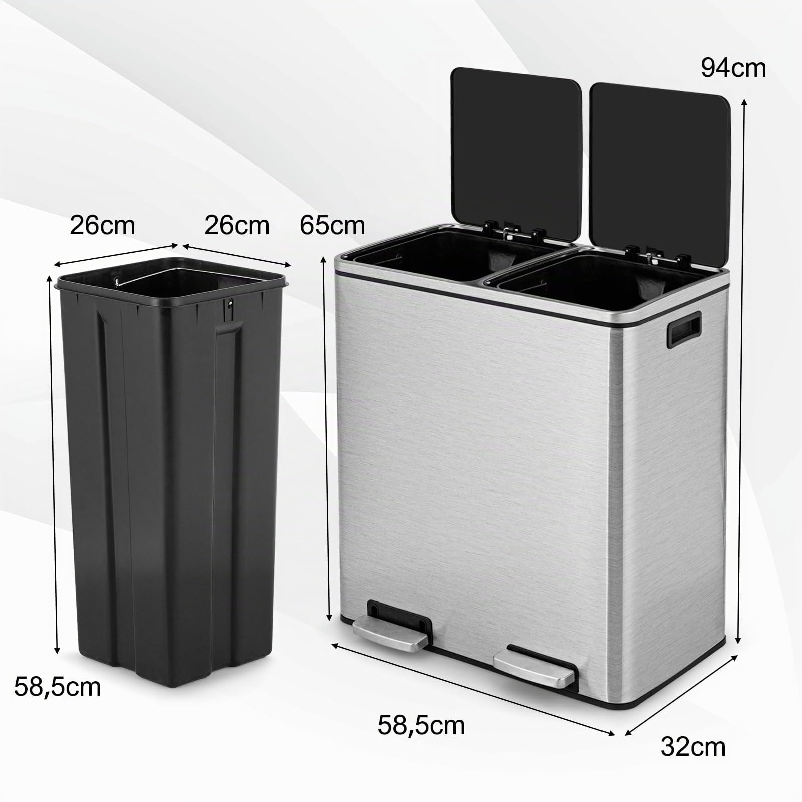 COSTWAY Cubo de Basura de 60 L, 2 x 30 L, Papelera de Basura Reciclaje de Acero Inoxidable con Compartimentos 2, Pedal, Cubos Internos de Plástico y Tapas con Bisagras, Manijas, Cierre Suave