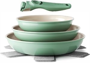 Redchef Juego de Ollas 6 Piezas sartenes Cerámicas, Sartén Cerámica con Granito Antiadherente, Apta para Inducción 20, 24, 28 cm, Ahorra Espacio, Sin Ptfe & Pfoa & Pfas, Horno y Lavavajillas, Verde