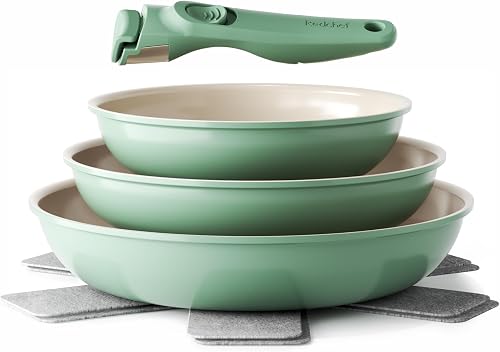 Redchef Juego de Ollas 6 Piezas sartenes Cerámicas, Sartén Cerámica con Granito Antiadherente, Apta para Inducción 20, 24, 28 cm, Ahorra Espacio, Sin Ptfe & Pfoa & Pfas, Horno y Lavavajillas, Verde