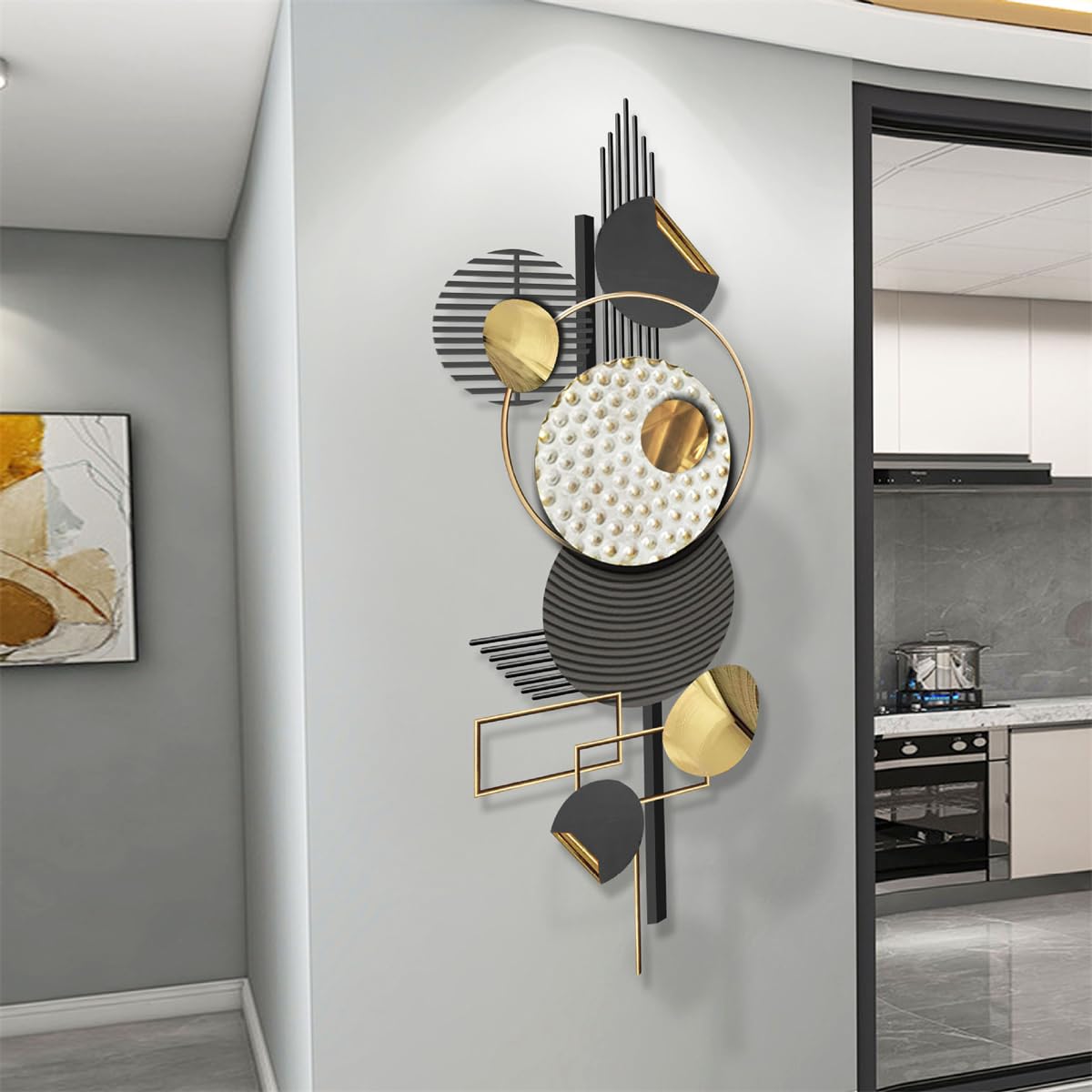Arte de pared de metal grande en 3D, negro y dorado, decoración pared metal bohemio, esculturas pared metal circulares geométricas creativas modernas, decoración abstracta para el hogar,150 x 60 cm