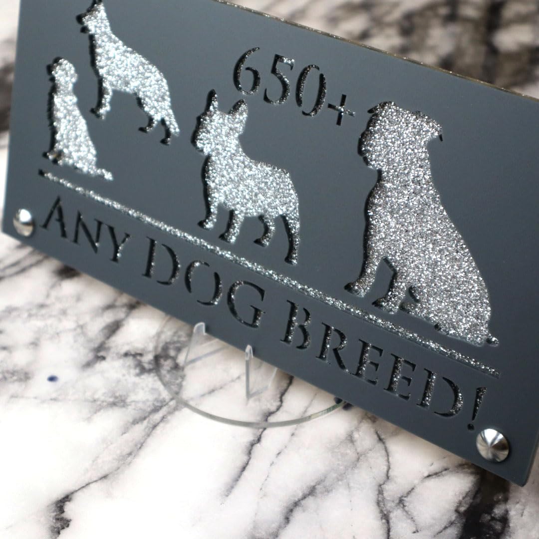K Smart Sign | 280mm x 140mm | Personalised Dog Luxe property house Dogs wall number address Any-Dog personalised plaque numbers signs fully personalised choose your own (Grey & Silver Glitter)