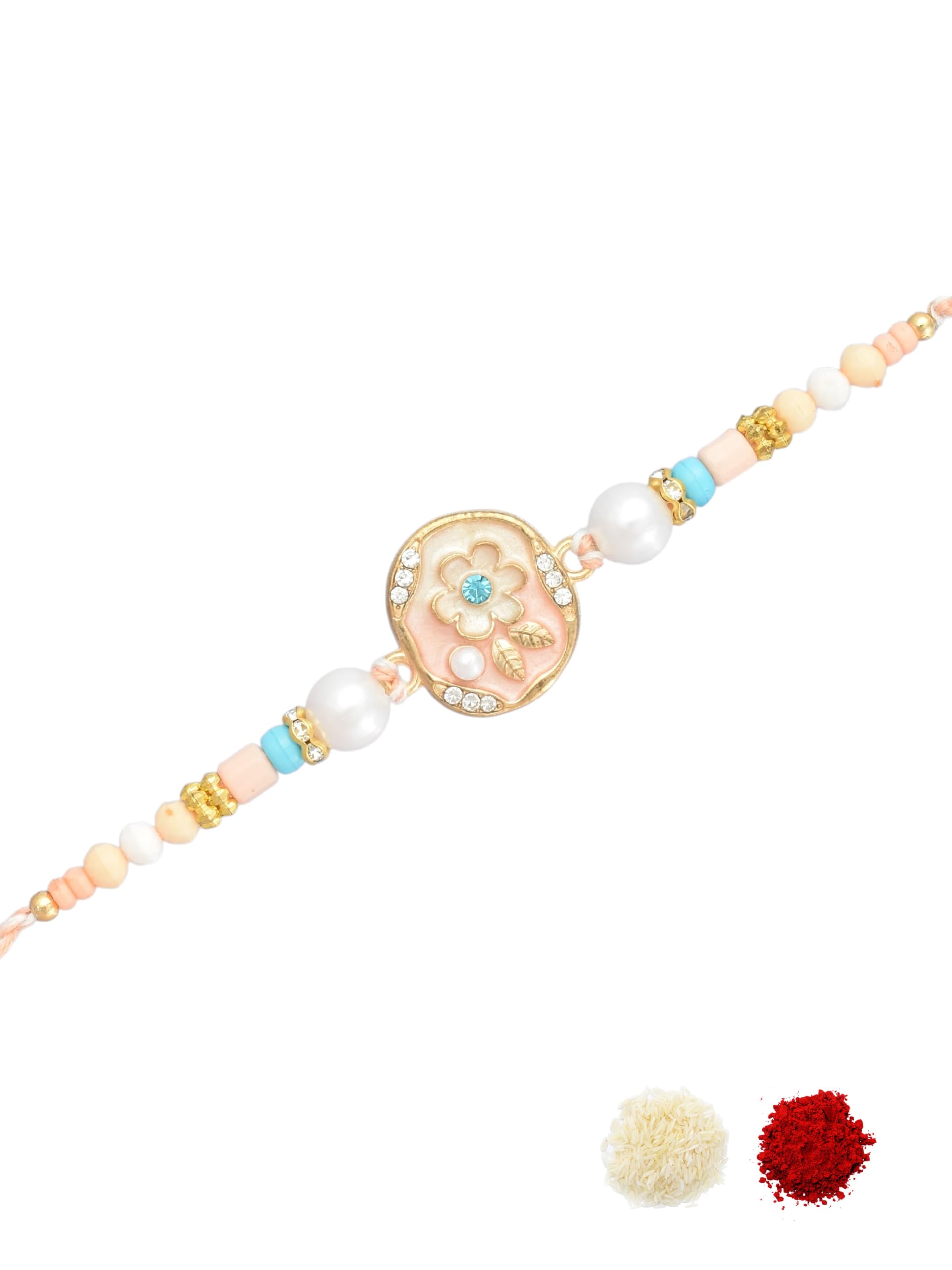 Premium Floral Pearl Design for Brother with Flower Motif, Pastel Peach & Blue Beadwork, Enamel Work, Traditional Thread Pack of 1 Rakhi for Raksha Bandhan with Roli Chawal & Greeting Card-73-image-9