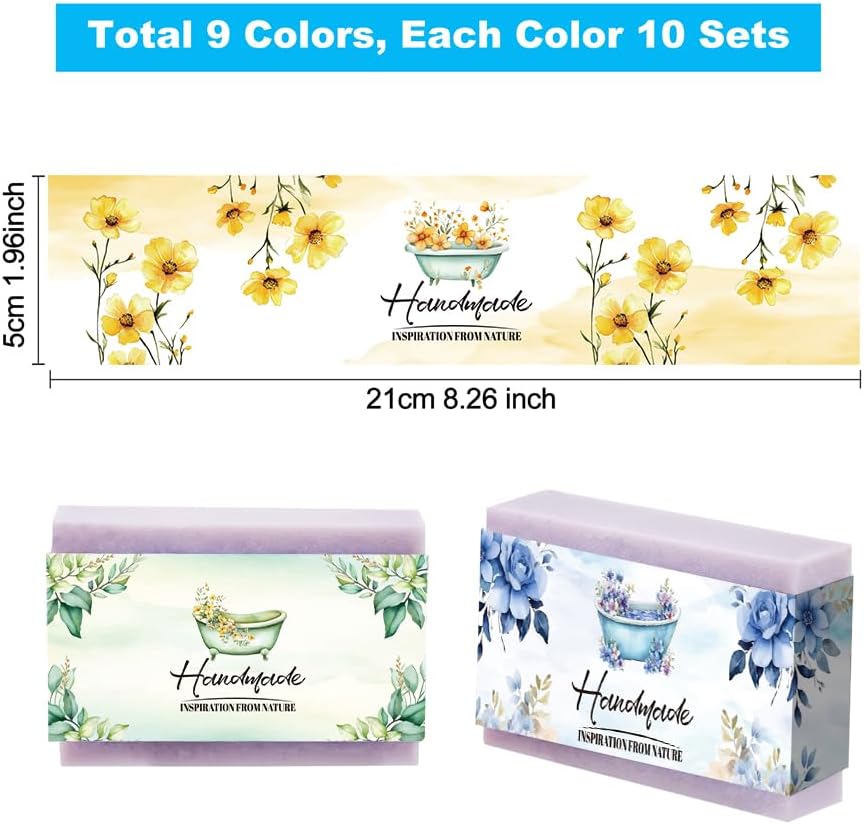 PH PandaHall 90pcs Bathtub Flowers Soap Wrappers for Homemade Soap, 9 Styles Watercolor Floral Soap Labels Plant Soap Packaging Paper for Handmade Soap Lotion Bars Bath Gift Wrapping, 8.3x1.97inch