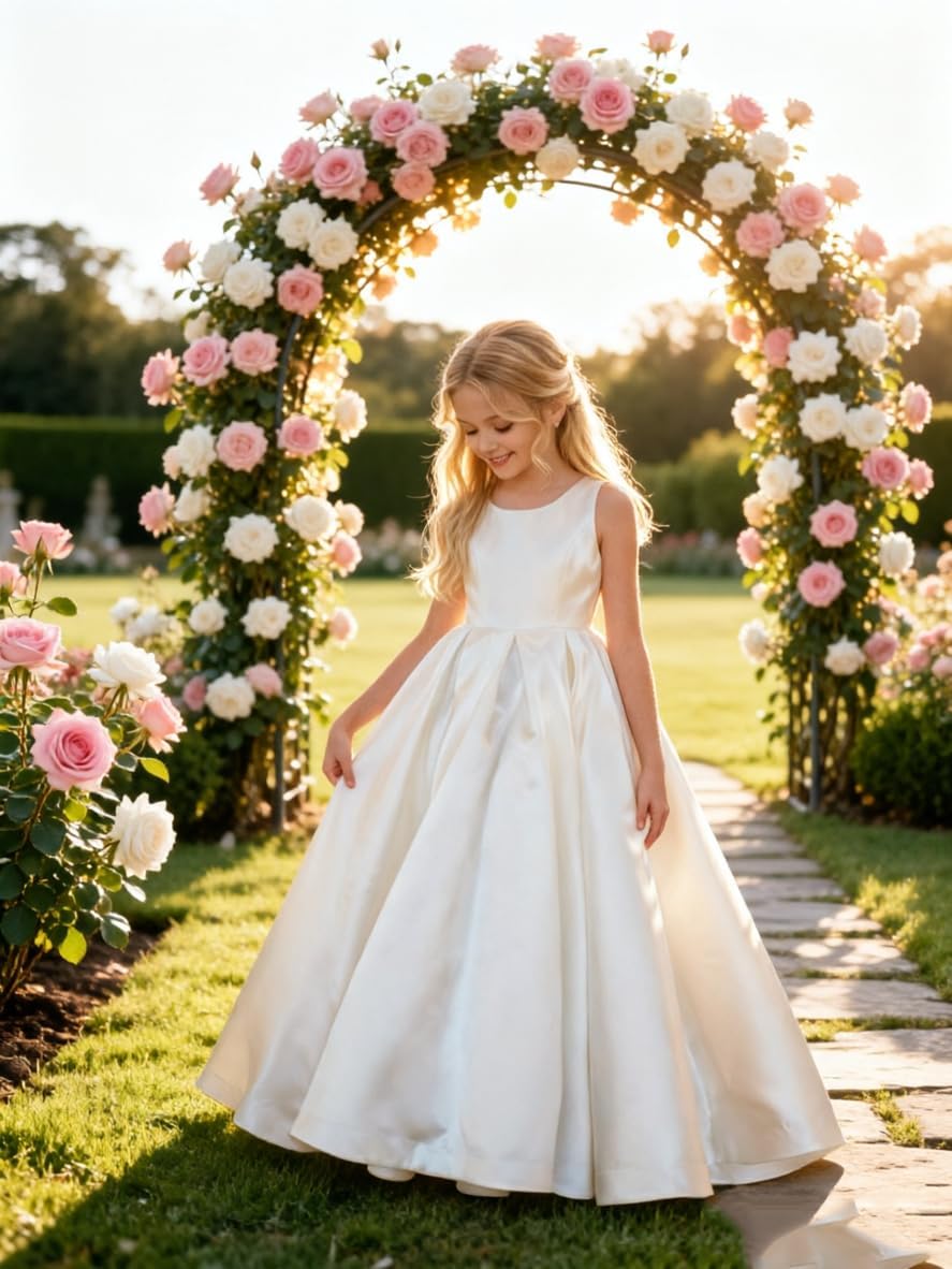 Satin Flower Girl Dress 4-16Y Spaghetti Strap Maxi Dresses Big Bow Back A-Line Jr Bridesmaid Pageant Gown 2779