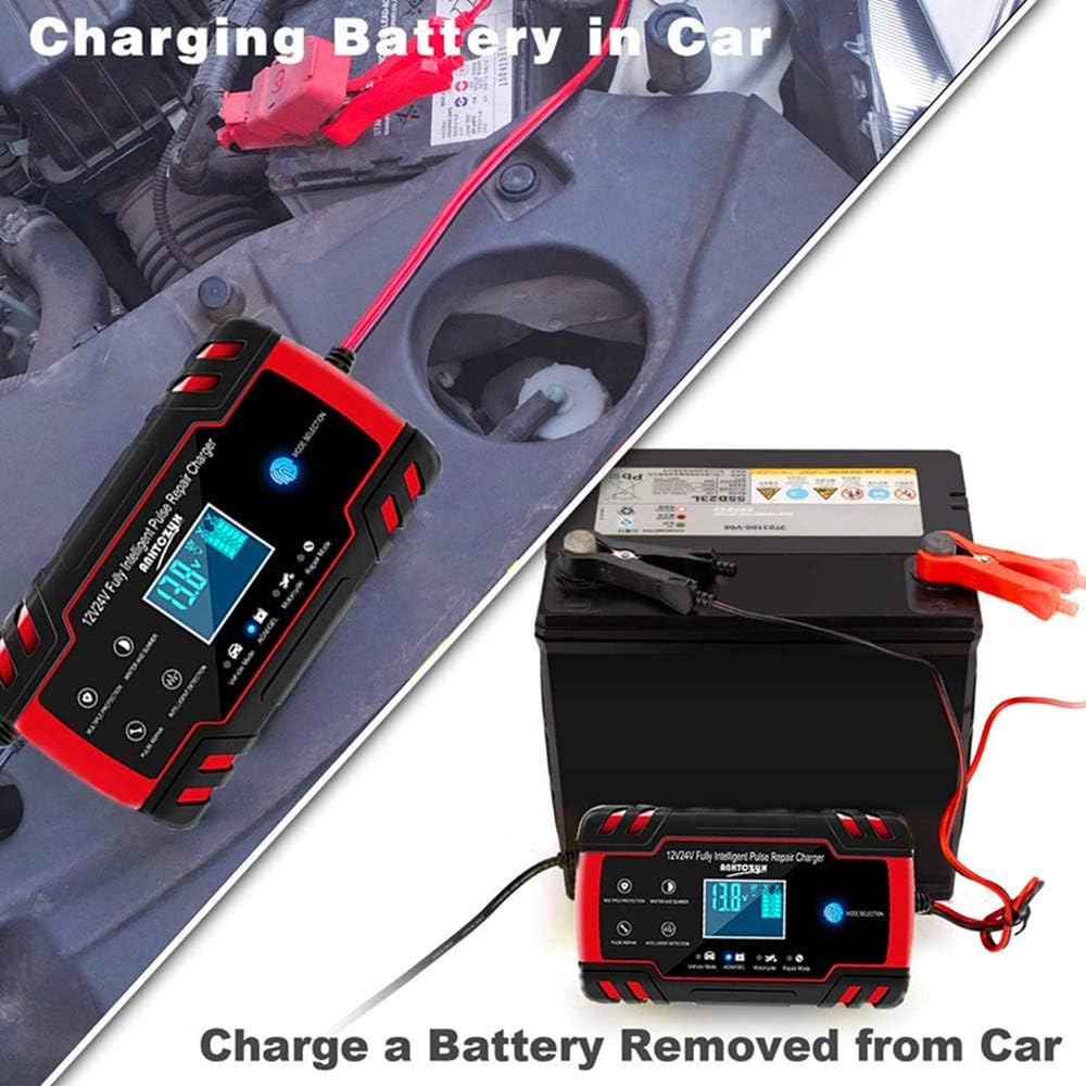 FOXSUR FBC1994 Smart Battery Charger connected to a car battery under the hood, illustrating the charging process for a battery installed in a vehicle.