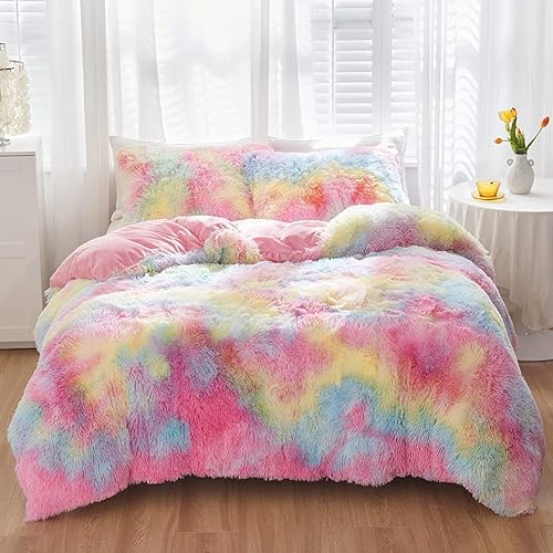 Miniatura 95 de SUCSES Faux Fur Duvet Cover Set Twin Size, Tie Dye Rainbow Plush Shaggy Girls Bedding Set, Soft Velvet Fluffy Fuzzy Ombre Comforter Cover Set