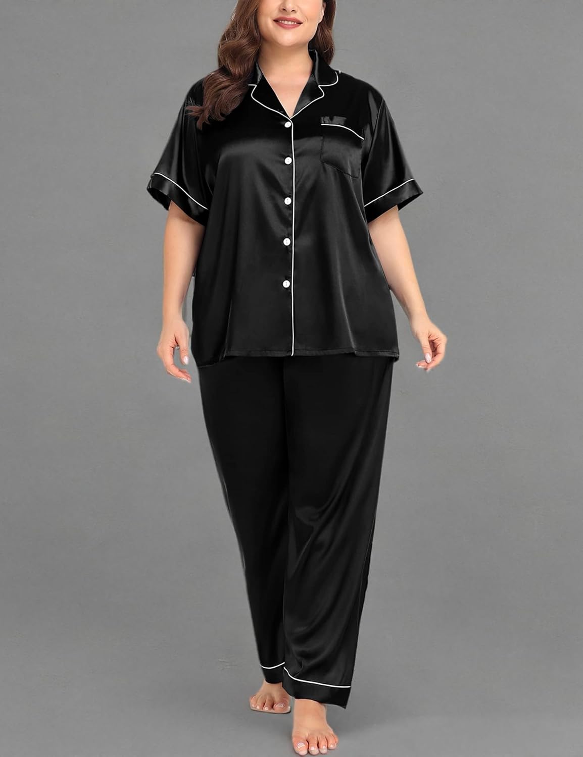 SWOMOG Women's Plus Size Pajamas Silk Satin Pajama Set Short Sleeve Shirt with Full-Length Pants Pjs Sleepwear Set 18W-26W - Image 7
