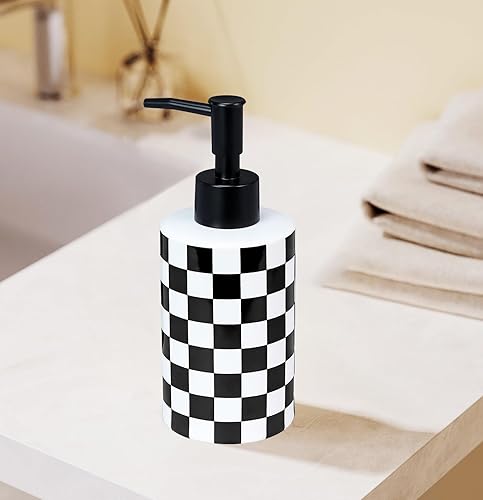 Miniatura 4 de Dispensador de jabón a cuadros con bomba mate, botella de jabón de cerámica blanca y negra para cocina, baño, recipientes de jabón de manos