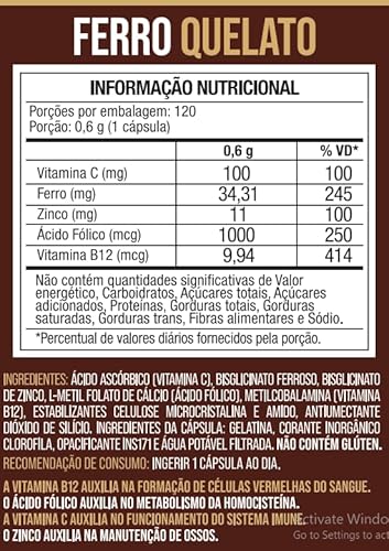 Fórmula Premium Ferro Quelato + Vitamina C, Zinco, Metilfolato e Vitamina B12 120 Cápsulas - Nutrion