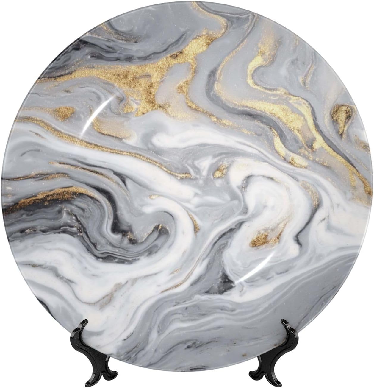 Decorative Plate 10in Bone China Dessert Plates with Display Stand Ceramic Ornament Ceramic yellow marble Decorative Plates Art Crafts Porcelain Plate for Home Club Living Room