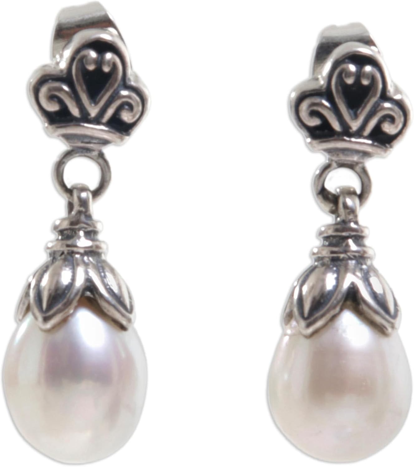 NOVICA Artisan Handmade Cultured Freshwater Pearl Dangle Earrings .925 Sterling Silver White Indonesia Birthstone 'White Lotus Bud'