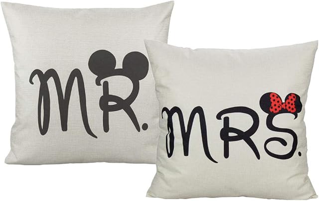 Mr & Mrs Wedding Gift Cushion Covers Couples Decorative mice Cushion Cases Home Decor for Bed Bedroom Couch Sofa 18"x18" Set of 2
