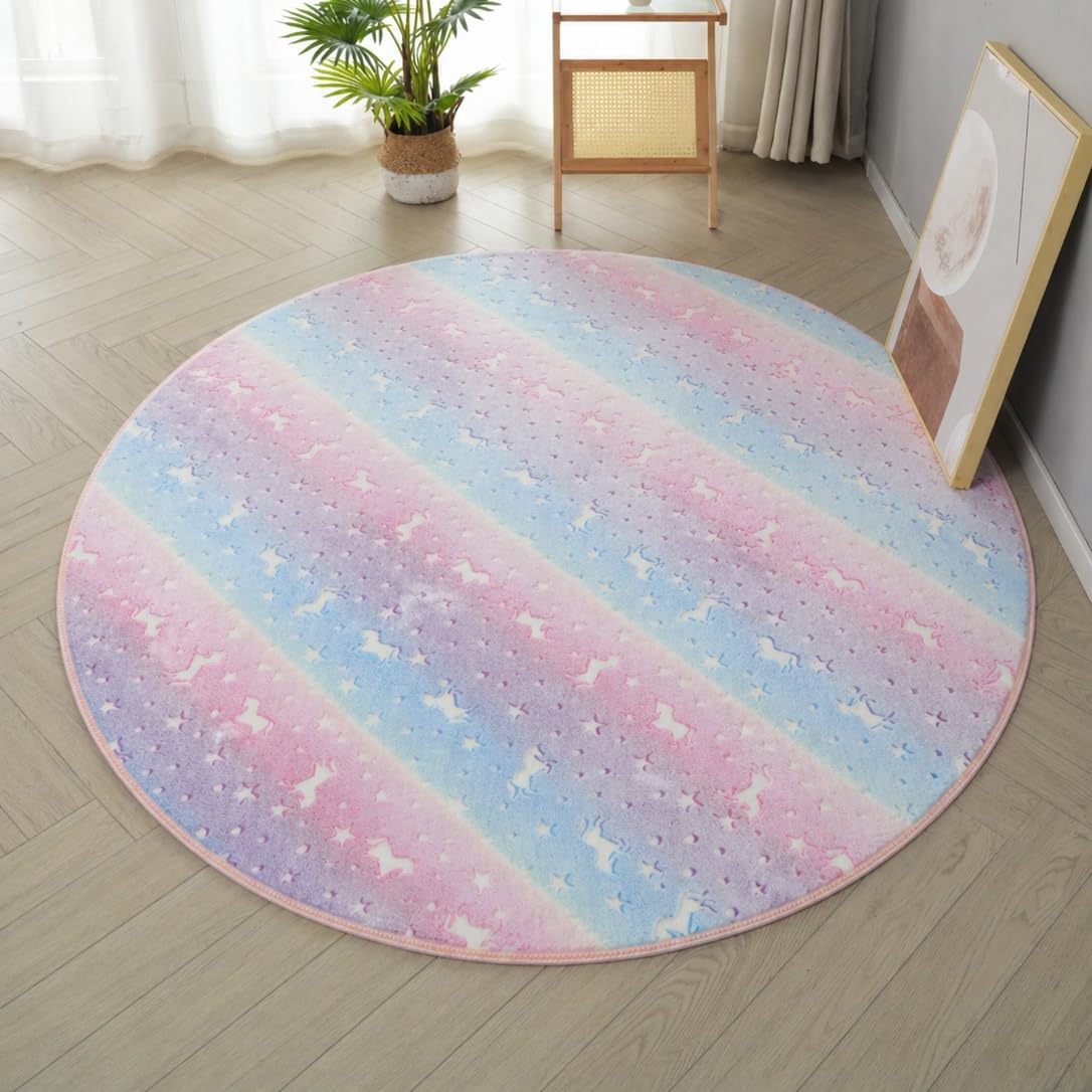 XMwike Round Glow in The Dark Rug 200 cm, Unicorn Luminous Area Rug for Kids Bedroom, Anti-Slip Soft Circle Carpet for Nursery Living Room Playroom Home Decor