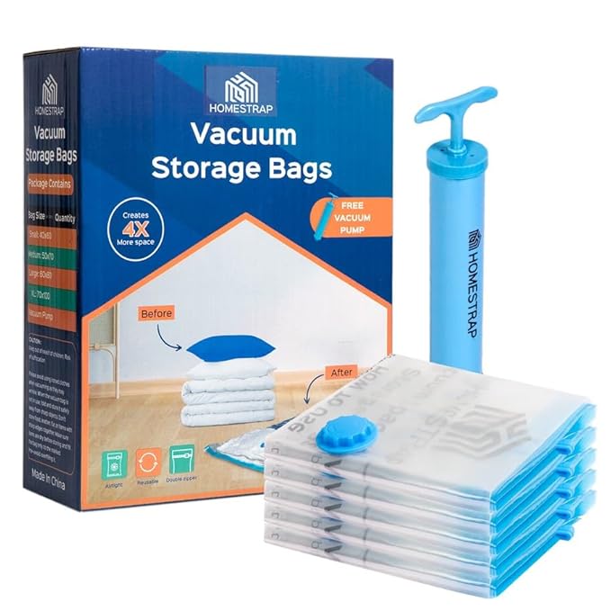 HomeStrap Vacuum Storage Bags with Pump Pack of 5 (Medium) | Airtight and Reusable Space Saver Double Ziplock Compression Bags with Vacuum Pump|Creates 4x More Space for Clothes, Winterwear, Blankets