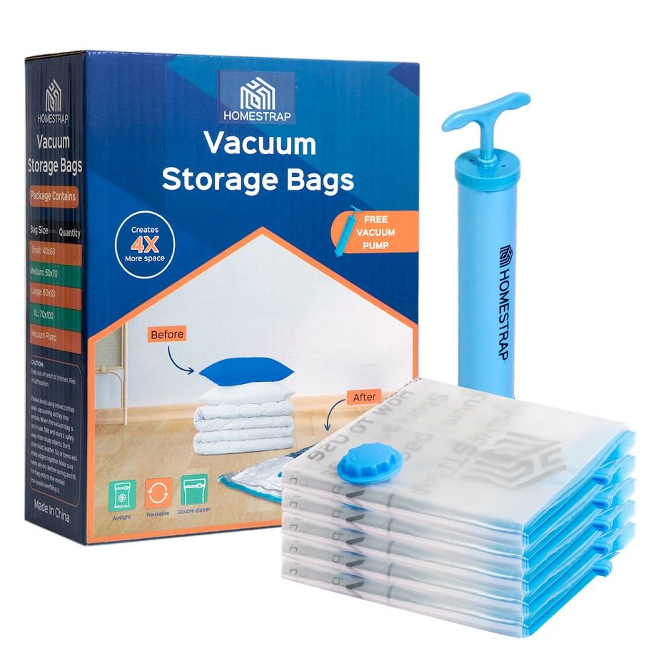 HomeStrap Vacuum Storage Bags with Pump Pack of 5 (Medium) | Airtight and Reusable Space Saver Double Ziplock Compression Bags with Vacuum Pump|Creates 4x More Space for Clothes, Winterwear, Blankets