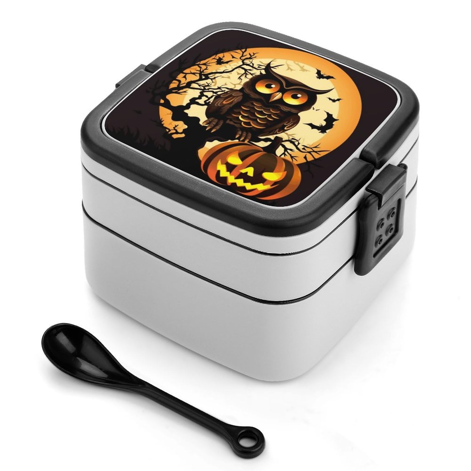 VstaDank Black Tree Owl Pumpkin Head Bento Box with Compartments Portable Lunch Containers with Spoon Leak Proof Bento Lunch Box Snap-On Design Double-Layer Insulated Lunch Boxes for Work Camping