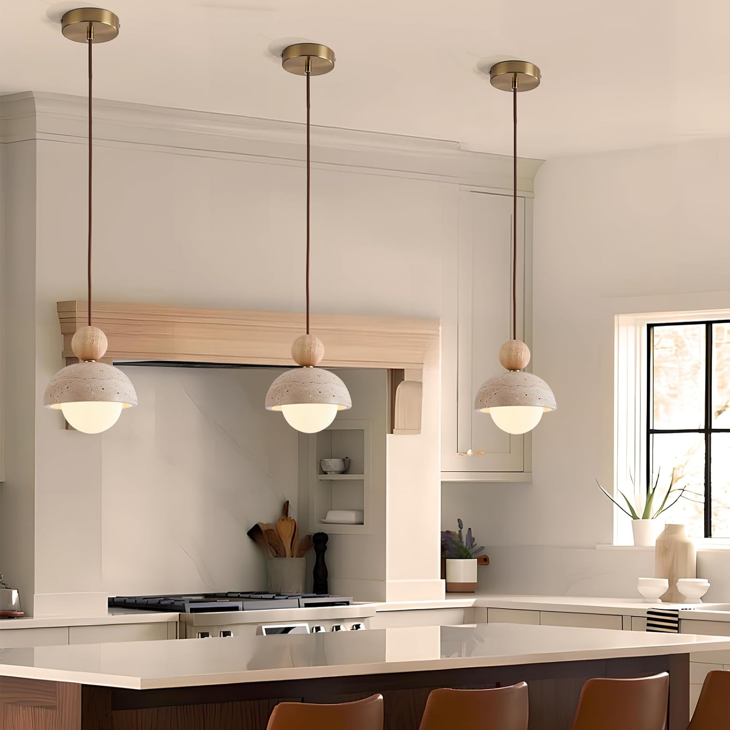 Natural Stone Pendant Light Set of 2, Wabi Sabi Travertine & Wood Hanging Lamp for Kitchen Island, Hallway, Bedroom, Dining Room Ceiling Decor (G9 Bulb, 5.9 in Stone Round)