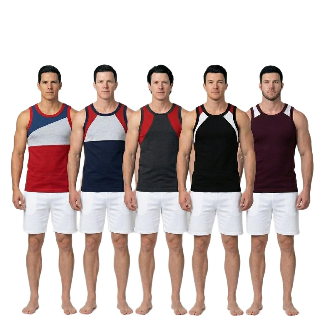 Alcozy Mens Cotton Rib Gym Vest, Sleeveless Tank Top, Athletic Style, Stretchable, Multicolour, Pack of 5-image-16