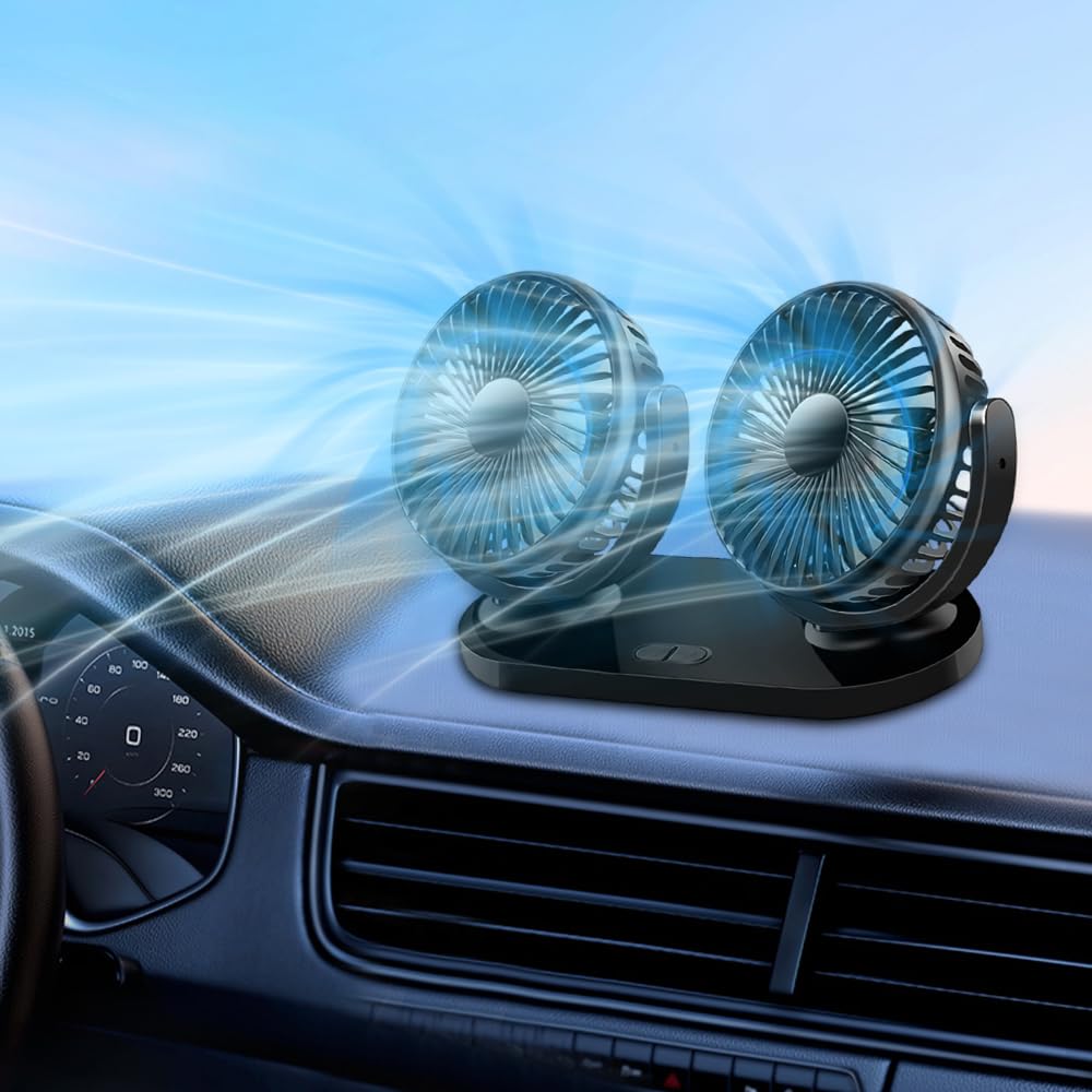 Ventilateur Voiture USB, 360° Rotative Double Tête Ventilateur de Voiture, Ventilateur Camping Car avec 3 Vitesses, Double Tête Ventilateur USB pour Voiture,Maison,Bureau,Camping