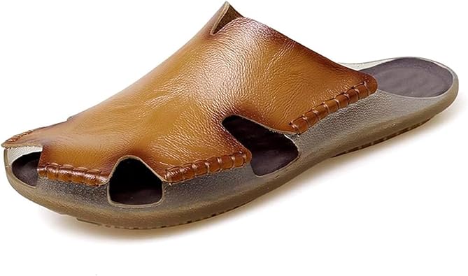 Mens Leather Sandals with Arch Support - Cork Footbed Perforated Design for Beach & Outdoor