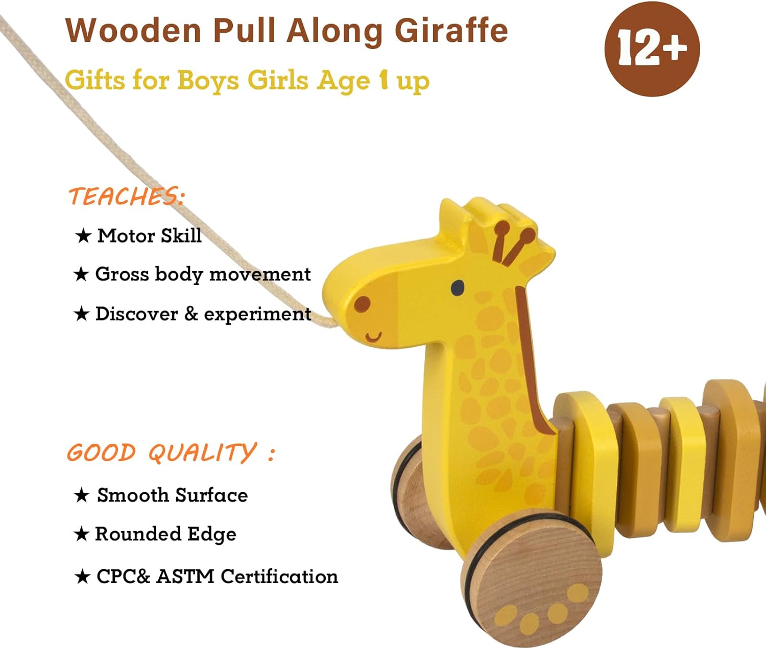 Baby Toys Car,Wooden Pull Along Toddler Toy, Developmental Toy for 1 Year Old Girl Boy Birthday Gift (Giraffe)