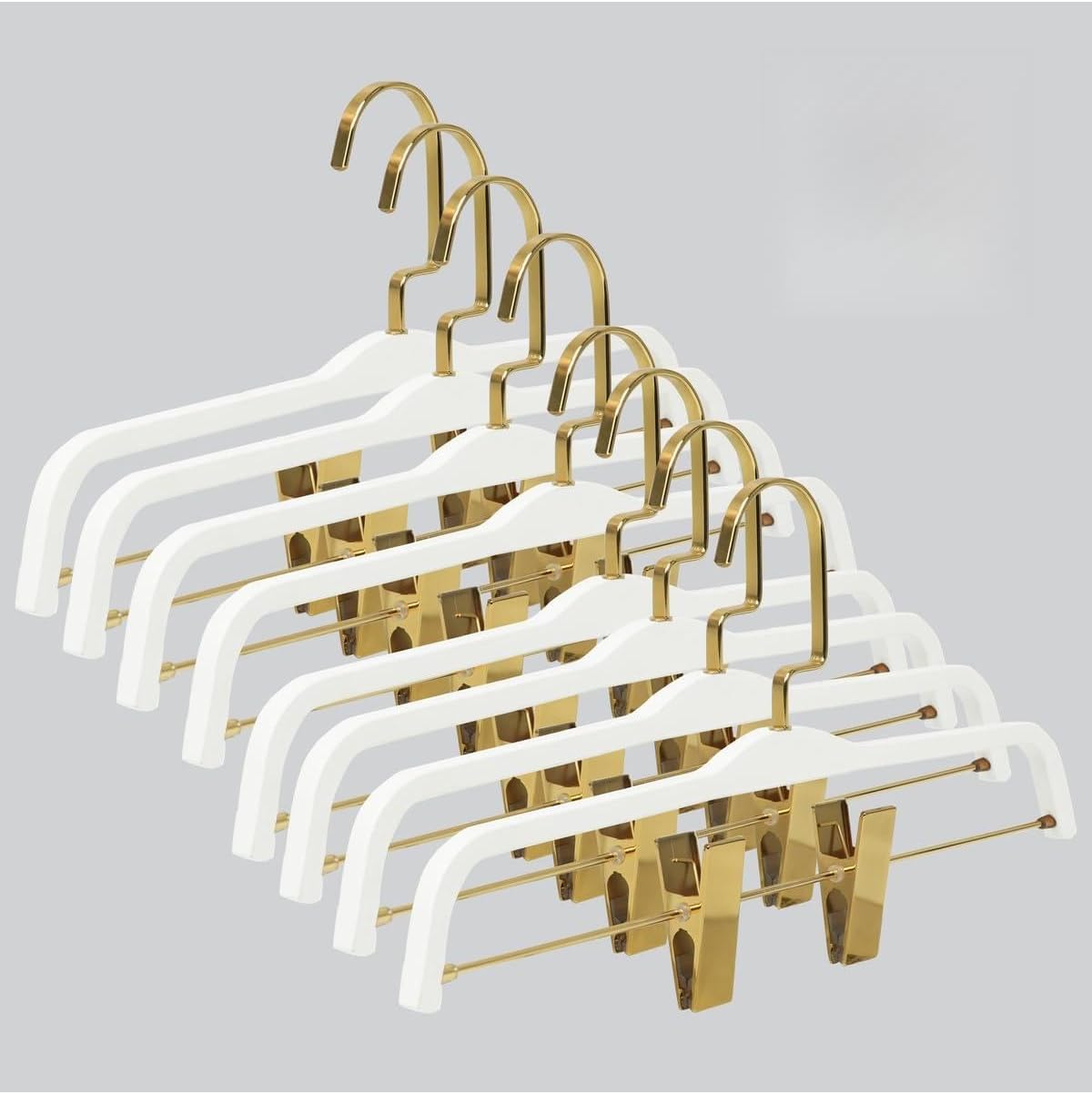Pants Hangers 8-Pack Wooden Skirt Hangers with Clips, White Finish, Gold Hook, Adjustable Grips for Clothes, Trousers, Slacks - White
