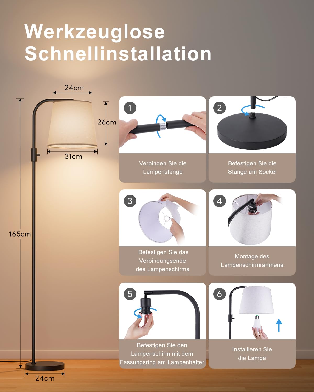 LED Bogen-Stehlampe für Wohnzimmer, 165 cm, mit magnetischer Fernbedienung, RGB-Farbwechsel, stufenlos dimmbar, 1600 K Amber & 4000 K Neutralweiß, 10 W 1200 lm, 350° schwenkbarer Leinenschirm