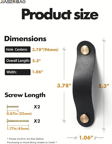 Miniatura 2 de Paquete de 2 tiradores de cuero negro para cajones, manijas de cuero de 3.78 pulgadas, pomos de gabinete para gabinetes de cocina, cajones de baño,