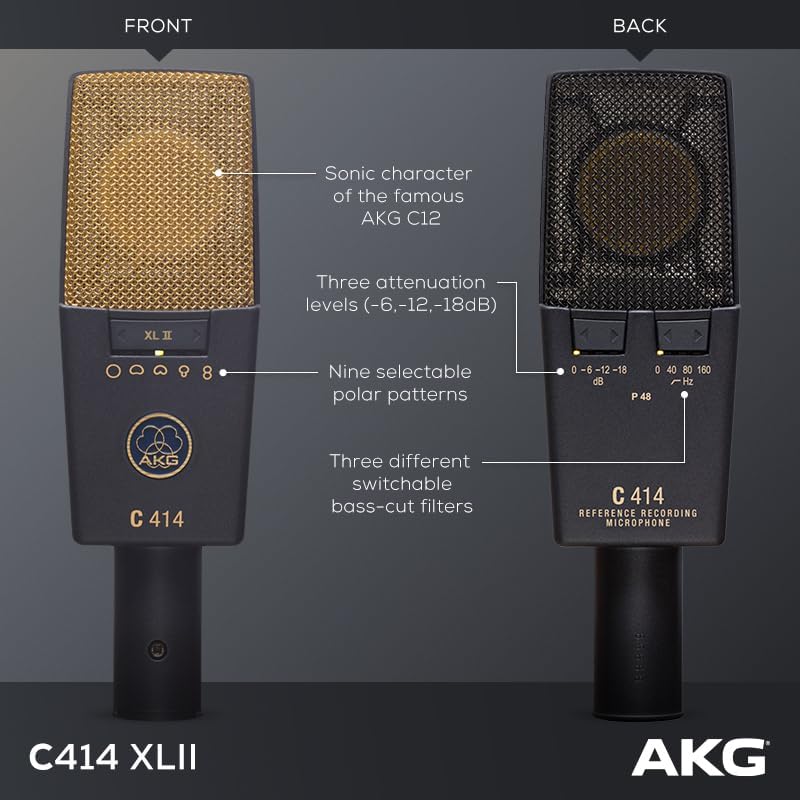 Diagram illustrating the controls and features of the AKG C414 XLII microphone