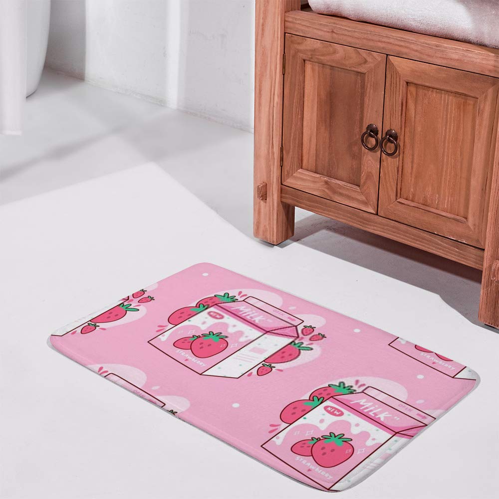 Kuizee Bath Mat Small Area Rug Carpet Doormat Floor Rug Bathroom Rug ?Carton of Strawberry Milk Kawaii Anime Cartoon Pink Coral Fleece Non-Slip Water Absorption Home Decor 23.6×15.7 Inch