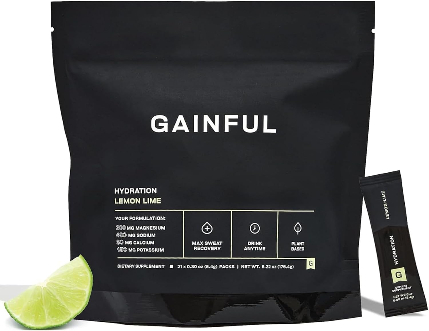 Gainful Hydration Powder Packets, Caffeine Free with Key Electrolytes Magnesium and Sodium, Energy Support, Low Sugar, Lemon Lime, 21 Sticks