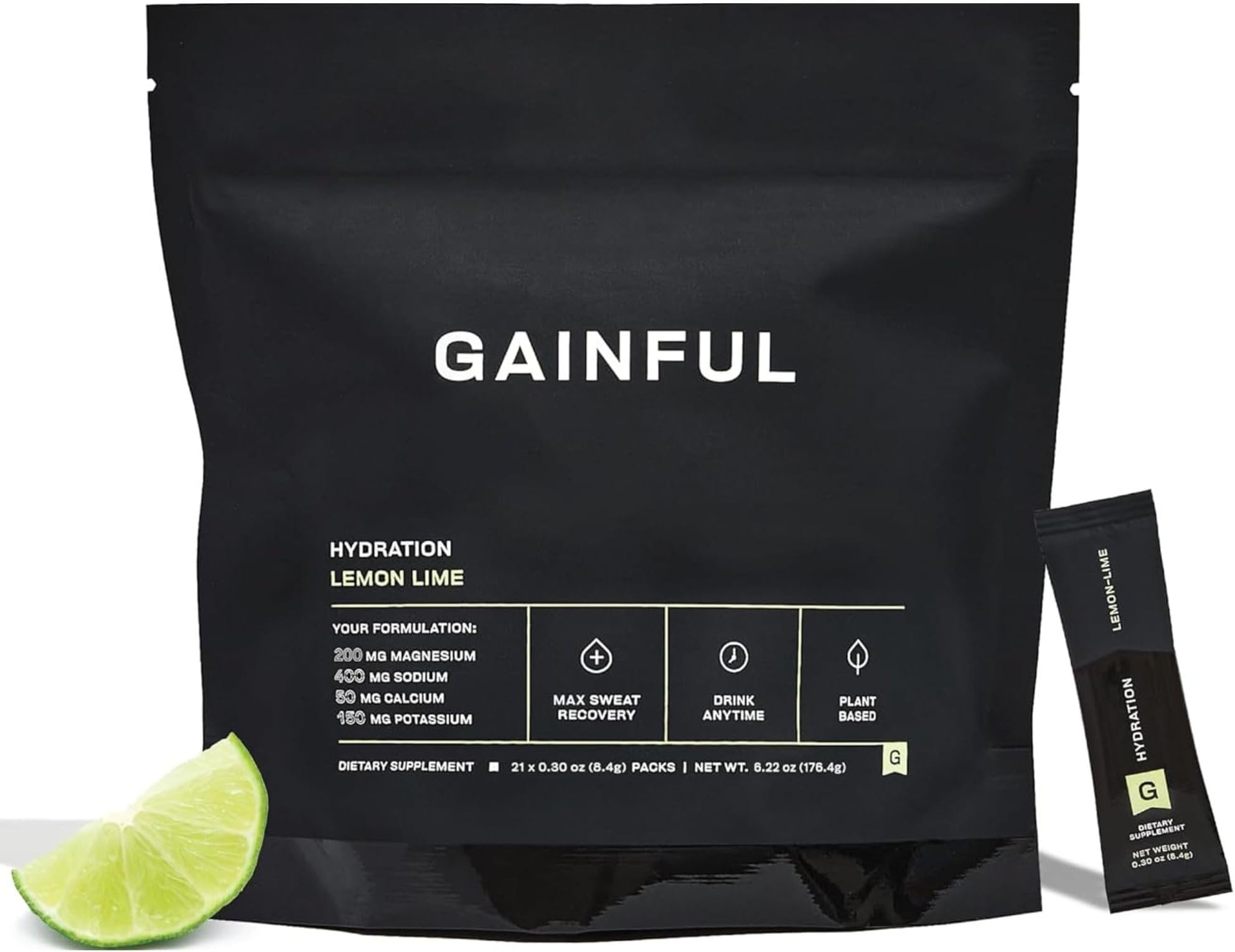 Gainful Hydration Powder Packets, Caffeine Free with Key Electrolytes Magnesium and Sodium, Energy Support, Low Sugar, Lemon Lime, 21 Sticks