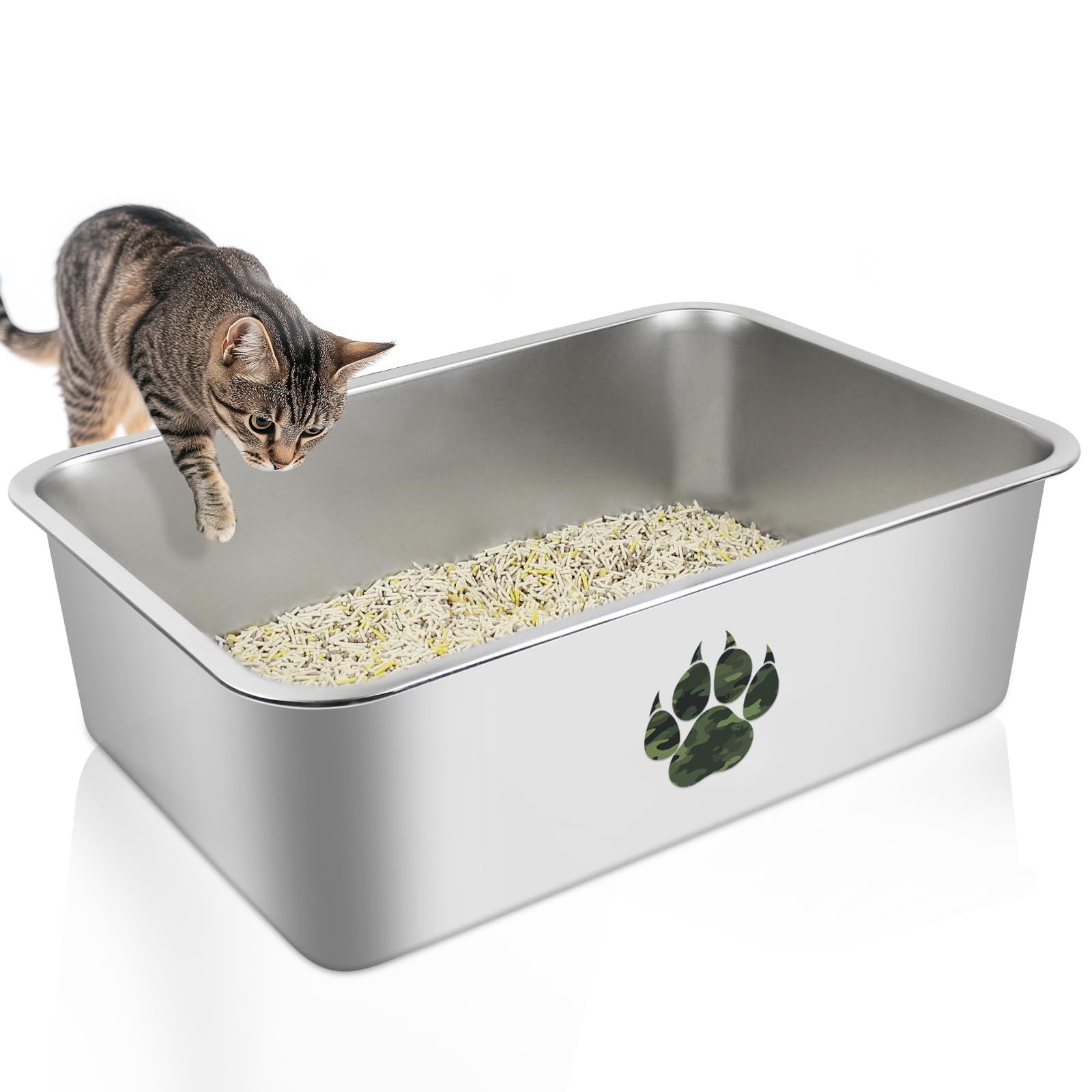 PTLOM Lettiera per gatti in acciaio inossidabile, grande lettiera per gatti in metallo, antispruzzo, inodore e antiaderente, adatta per gatti grandi e piccoli, conigli, mimetica Paw，60x40x20cm