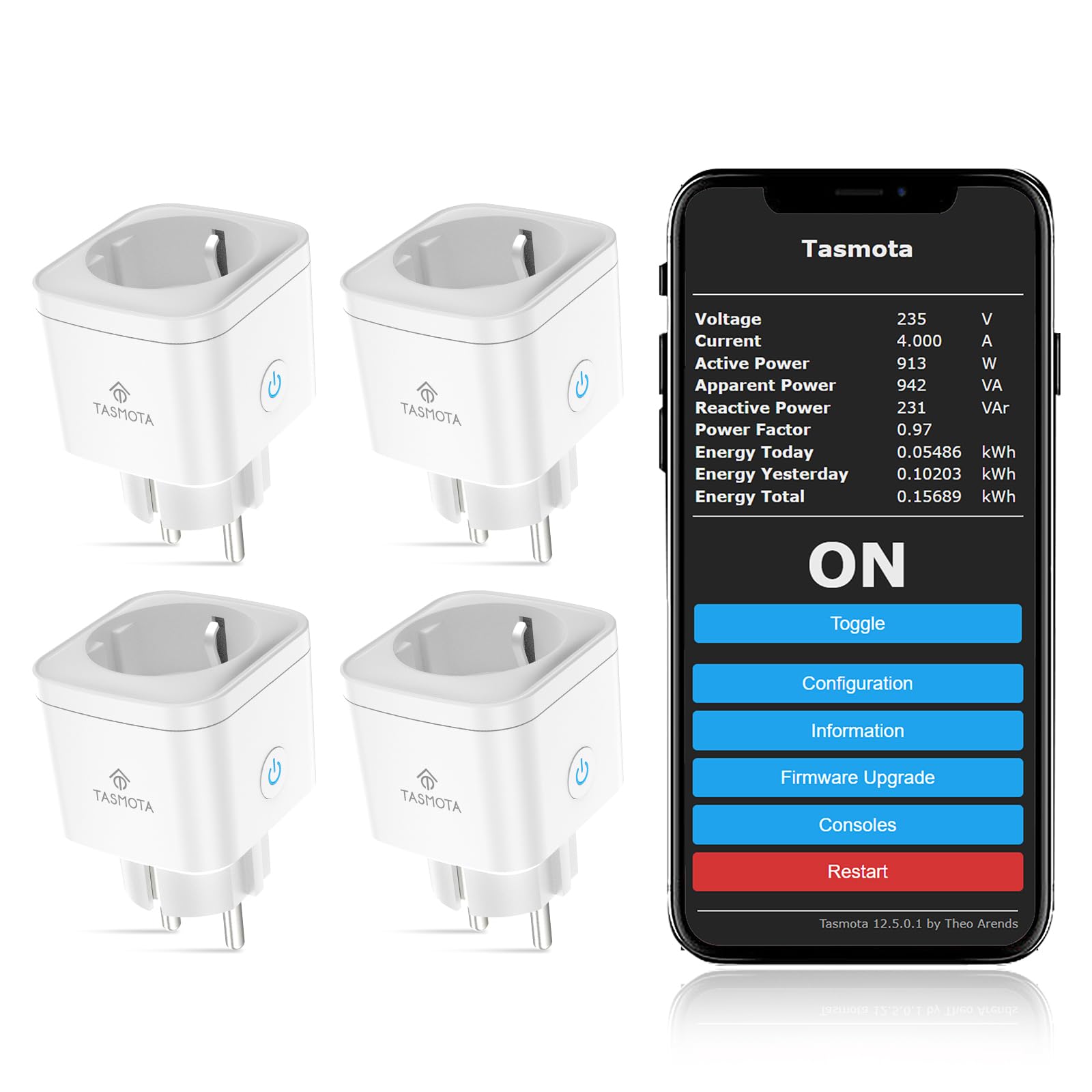 EIGHTREE Presa Smart Tasmota, Monitoraggio Energia, WiFi Intelligente Smart Plug, Compatibile con Alexa e Google Home, home asistant, MQTT, Domoticz, OpenHAB, ioBroker, 16A, solo WLAN a 2,4 GHz, 4pcs