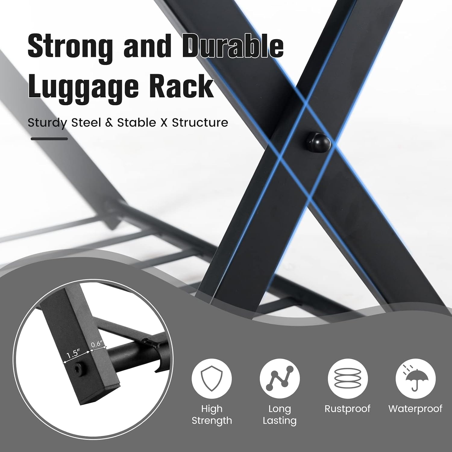 S AFSTAR Folding Luggage Rack with Shoe Shelf, Metal Suitcase Stand, Portable Baggage Holder for Bedroom, Hotel, Guest Room, Black (Set of 2)