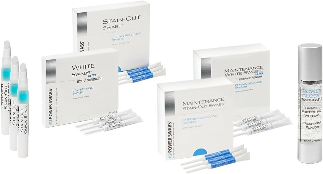 Power Swabs Intensive Teeth Whitening and Maintenance Kit with Free Power Gloss Toothpaste 50ml and 3 Quick Stick Pens