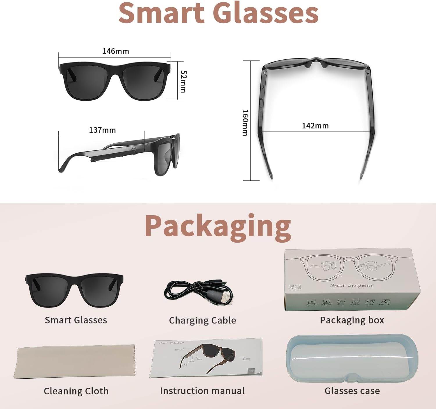 Diagram showing the dimensions of the smart sunglasses (146mm width, 52mm lens height, 137mm temple length, 160mm total height, 142mm frame width) and packaging contents: Smart Glasses, Charging Cable, Packaging box, Cleaning Cloth, Instruction manual, Glasses case.