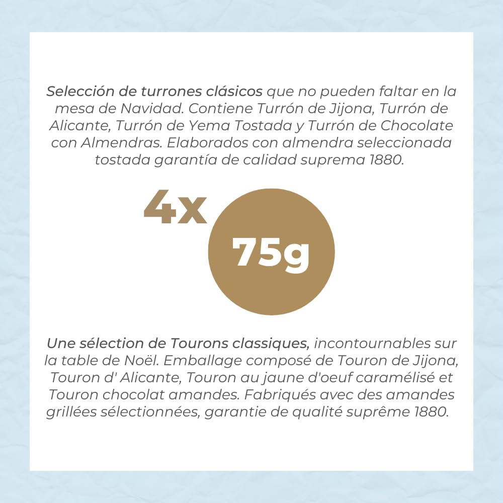 1880 - Degustación Turrones Artesana 4 gustos, Turrón de jijona, de Alicante, de Yema, de Chocolate, 4 x 75g, Pack de 300g