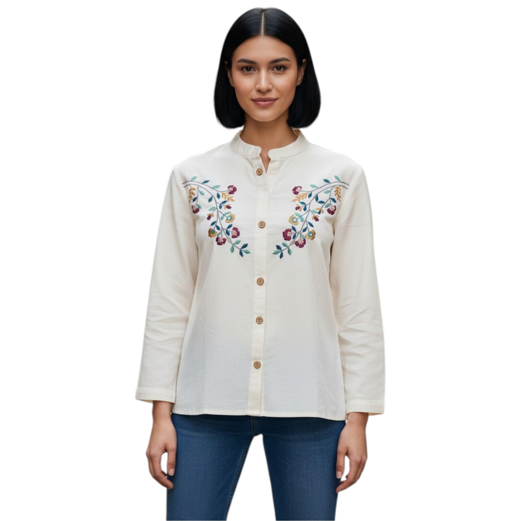 rieka Women's Off-White Cotton Embroidered Shirt with Floral Vine Design Button Down, Spread Collar, Relaxed Fit Casual Wear (RS-TOP-60)-picture-19