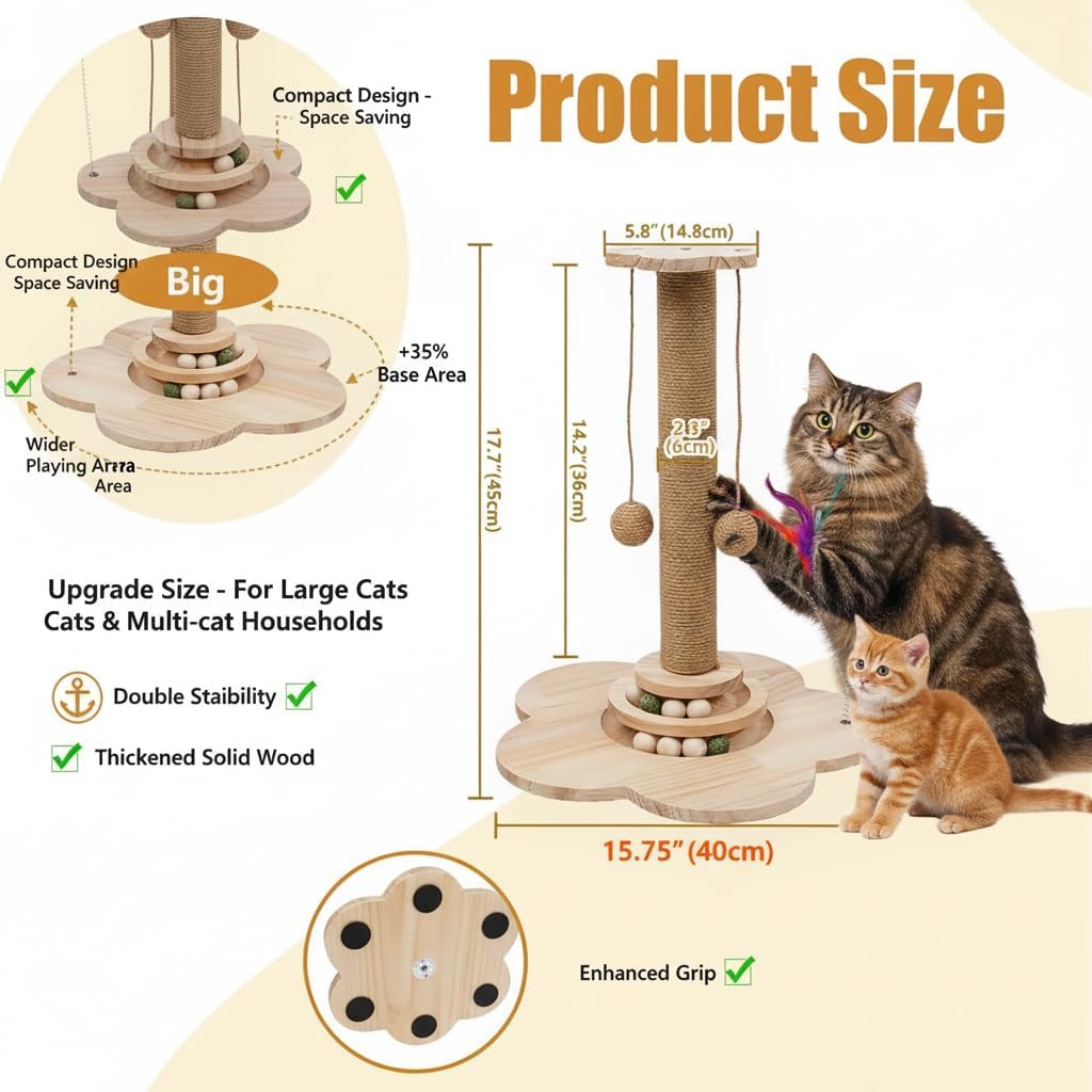 4 inch Wider Design for Large Cats Providing Greater Stability,4-in-1 Wooden Cat Scratcher Toy,Scratching Post&2-Level Track Tower with 8 Balls&2 Sisal Ball&2 Cat Wand Toy(15.8" L x 15.8" W x 19" H)