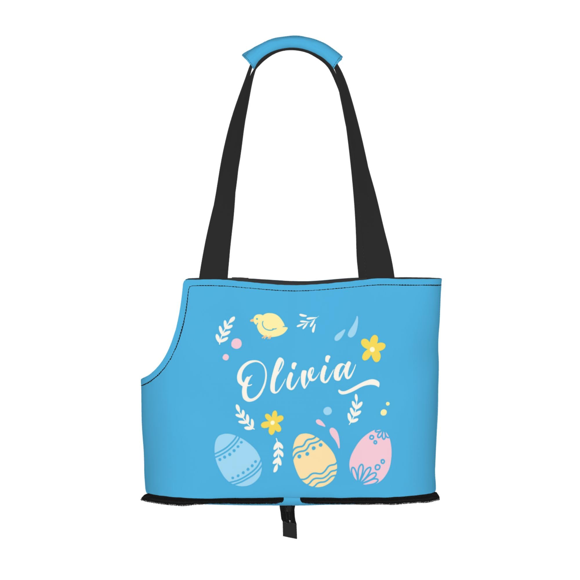 Personalized Pet Carrier, Custom Easter Blue Background with Cartoon Chicken Leaves Eggs Pattern Foldable Soft-Sided Puppy Name Carrier Purse Tote Bags Breathable Outdoor Pet Carriers for Small Pets