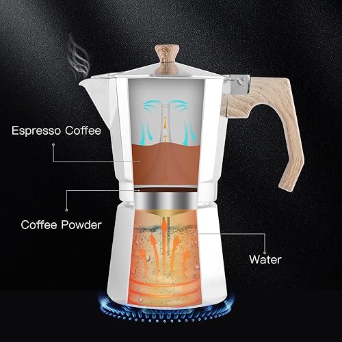 Miniatura 5 de wedrink Cafetera de café expreso de aluminio para estufa, olla de moka de 9 tazas, cafetera cubana con 1 filtro y 3 sellos de junta de silicona de