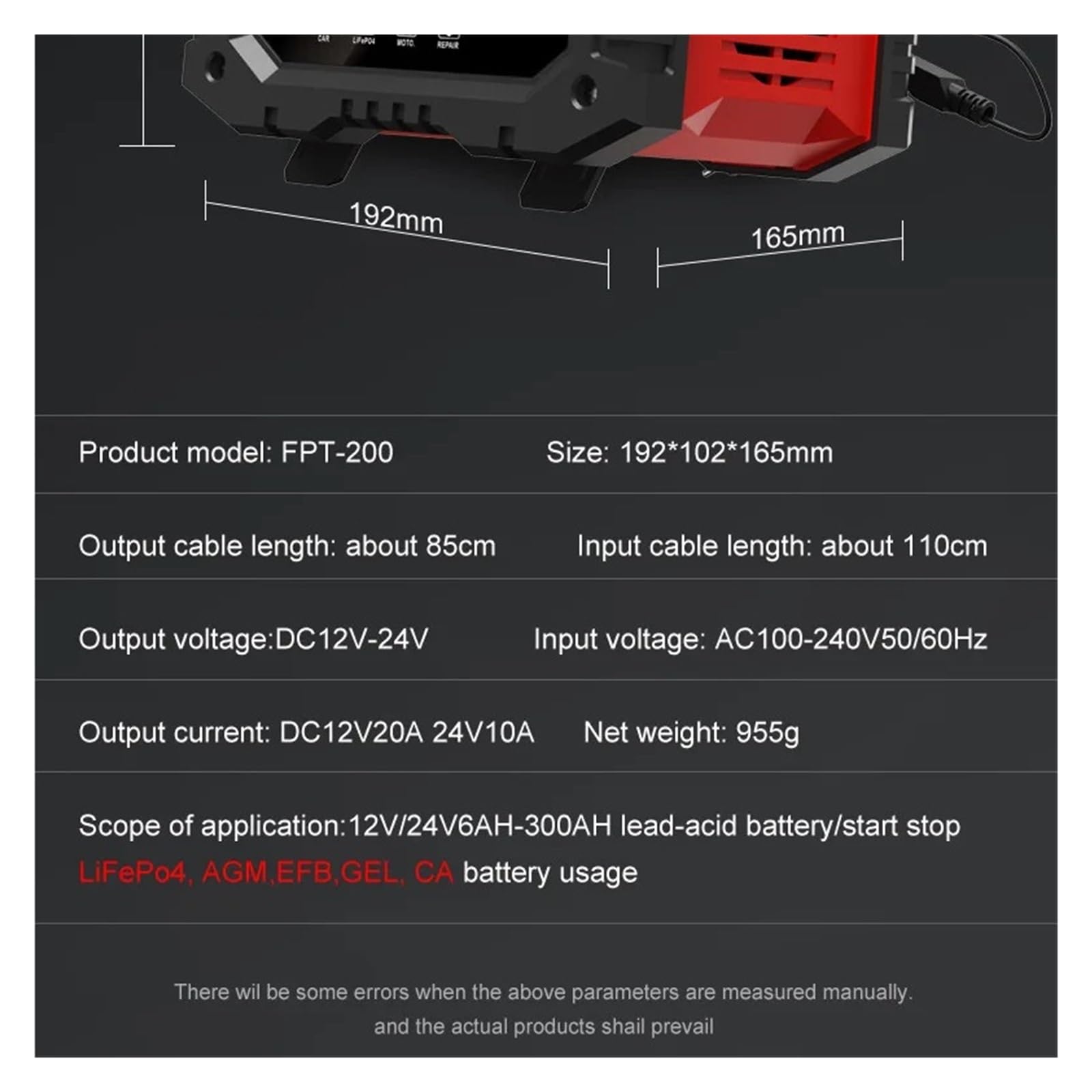Ładowarka Samochodowa 20A/10A 12V/24V W Pełni Automatyczna Inteligentna 300W/150W Naprawa Impulsowa Do Ładowania AGM GEL MOKRY Kwas Ołowiowy Wydajne Szybkie ładowanie(12V 10A and 24V 5A)