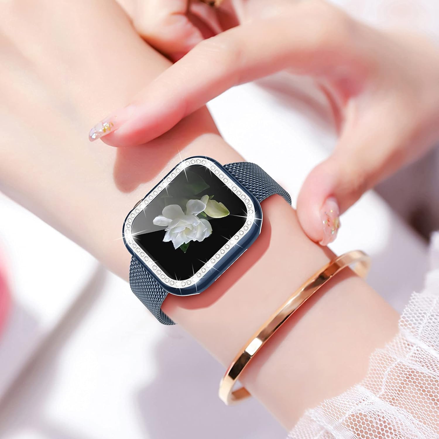 Goton Bling Case Compatible for Apple Watch 40mm Screen Protector iWatch SE Series 6 5 4 Accessories, Rhinestone Diamond Crystal Bumper Face Cover with Glass Film for Women Girl (40 mm,Blue)