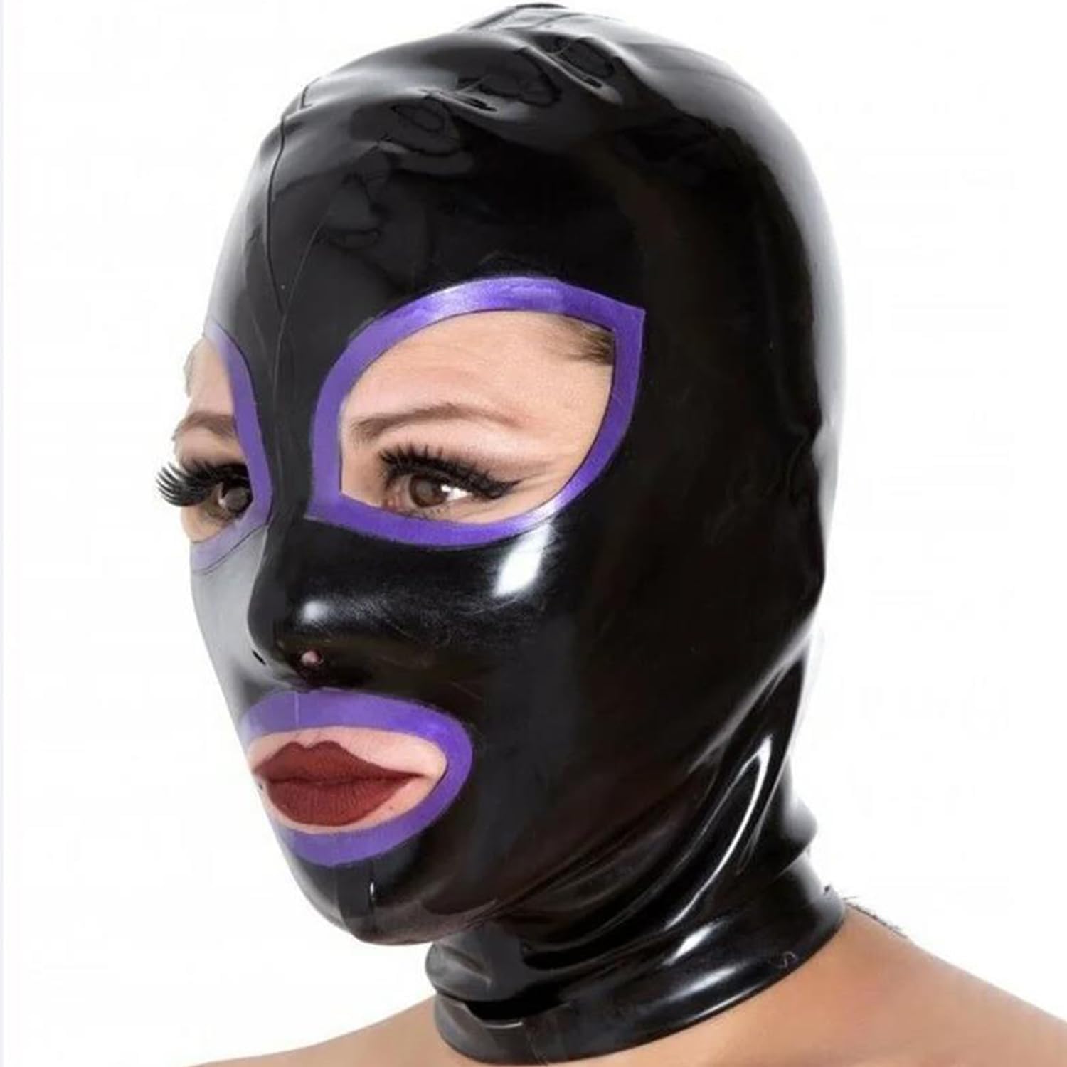 Latex Hood Rubber Head Mask Unisex BDSM Fetish with Trim Back Zipper Open for Sexy Cosplay Couples