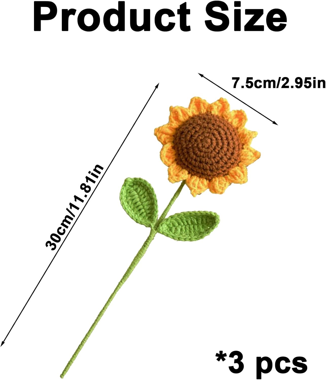 Crochet Flowers, Artificial Flowers, Sunflower Decoration, Handmade Crochet Flowers, Woven Sunflowers for Car, Dashboard, Table Decoration, Home Decoration (Without Vase), 3 Pieces