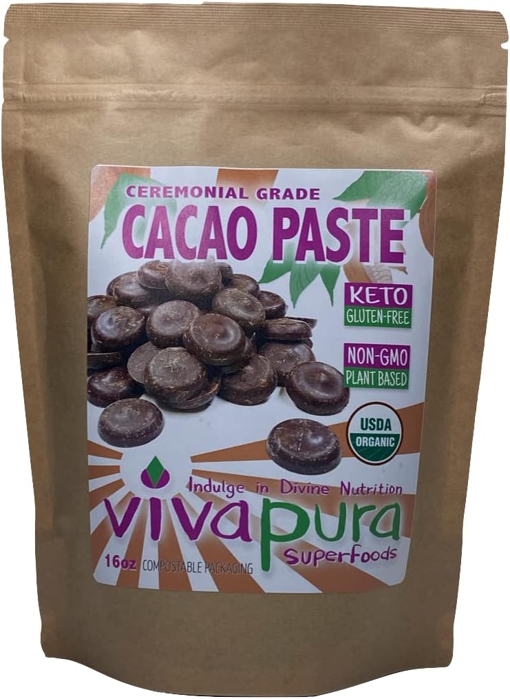 Vivapura Superfoods Organic Cacao Paste, 16 oz, Raw, Vegan, Keto, Ceremonial Grade Peruvian Criollo Varietal, Wafer (Pack of 1)
